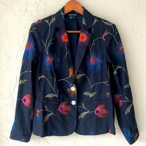 Paper White size 10 black blazer embroidered flowers 2 button front colorful
